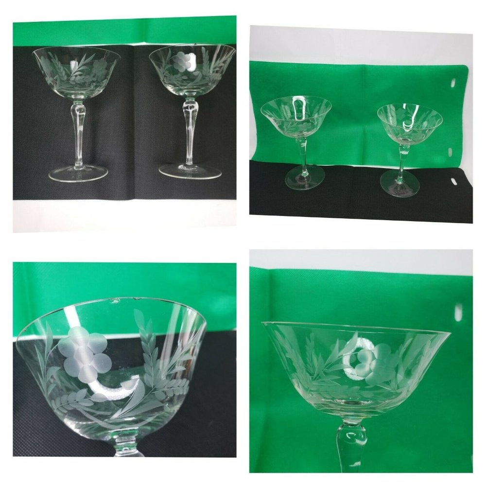 2 Vintage Floral Etched Crystal Stemmed Wine Glass